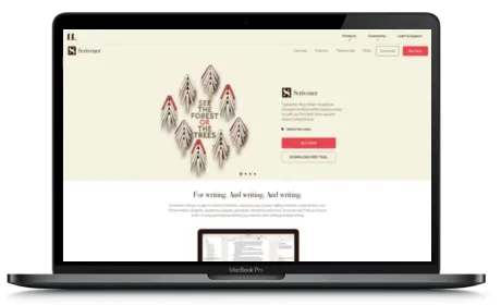 Scrivener website displayed on a Macbook