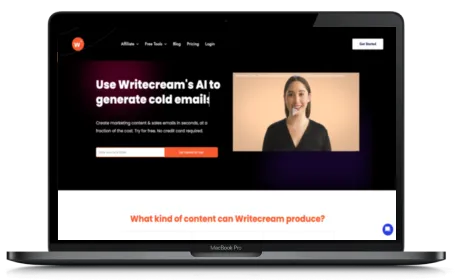 Writecream website displayed on a Macbook