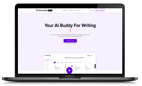 WriterBuddy website displayed on a Macbook