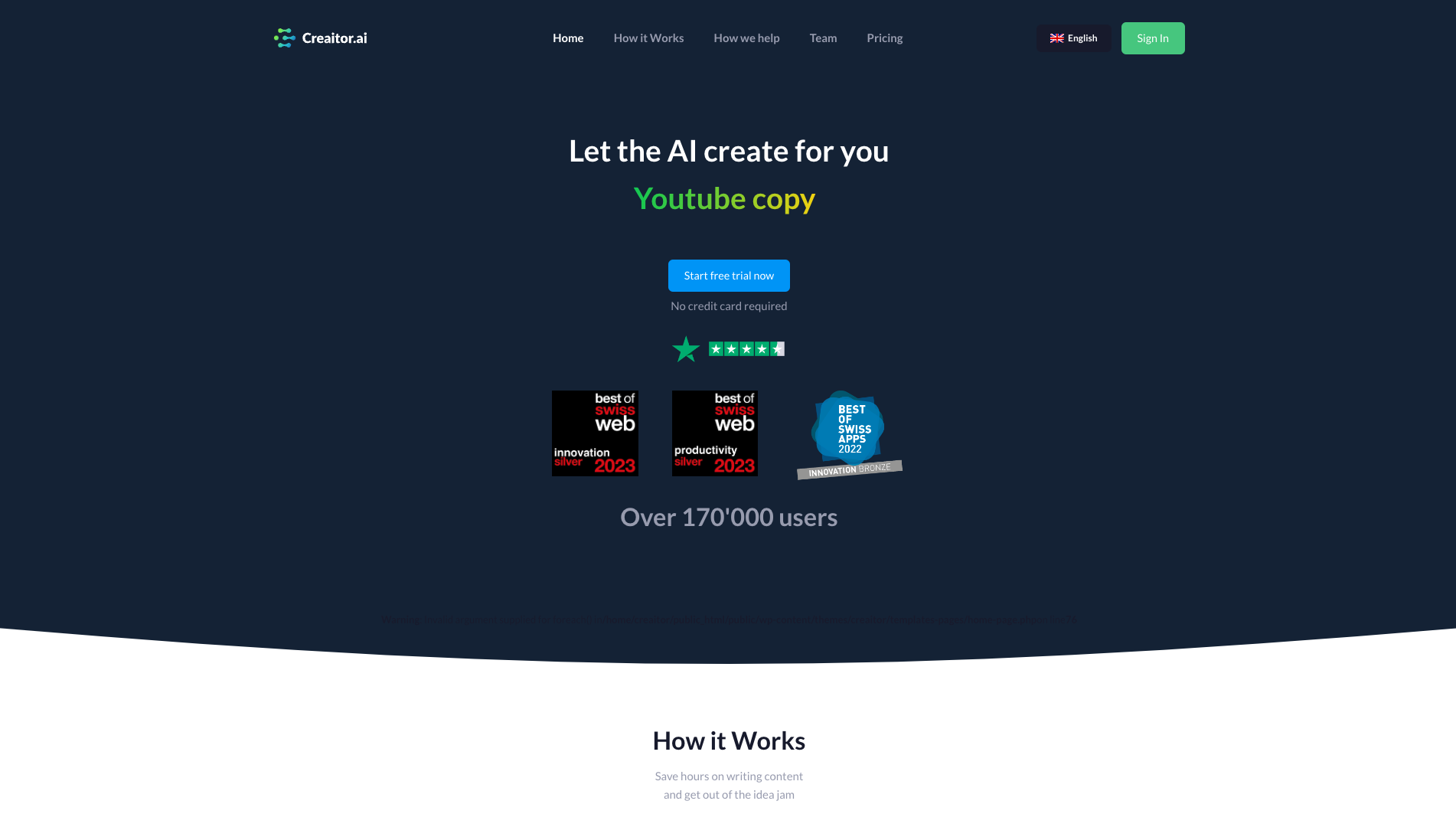 Screenshot of Creaitor.ai Homepage