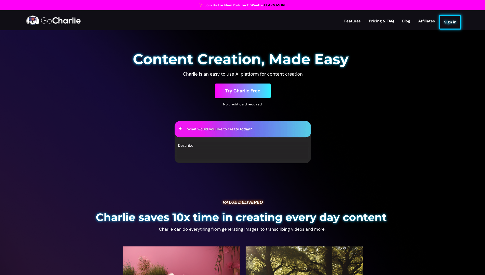 Screenshot of GoCharlie Homepage