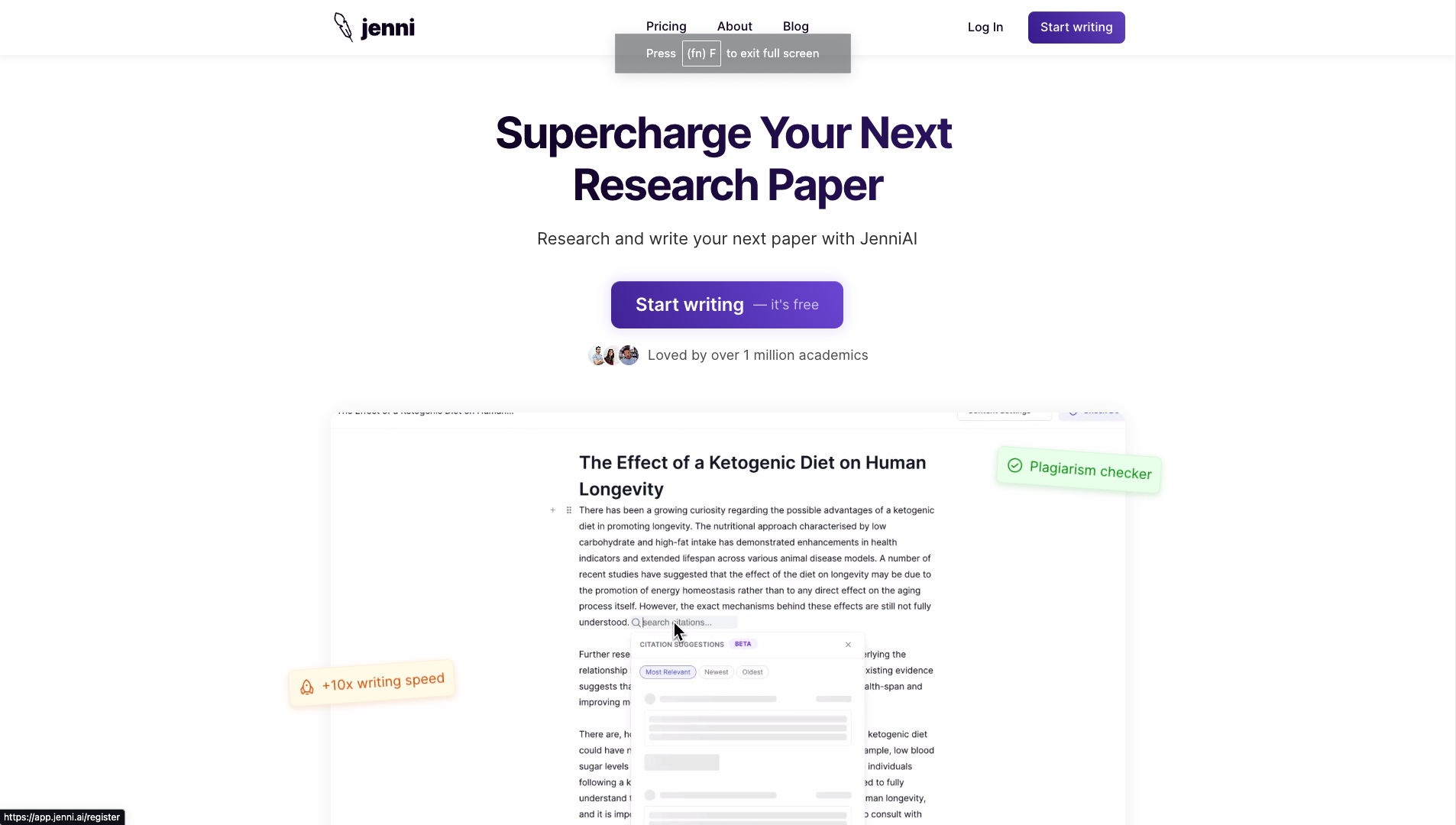 Screenshot of the Jenni AI website