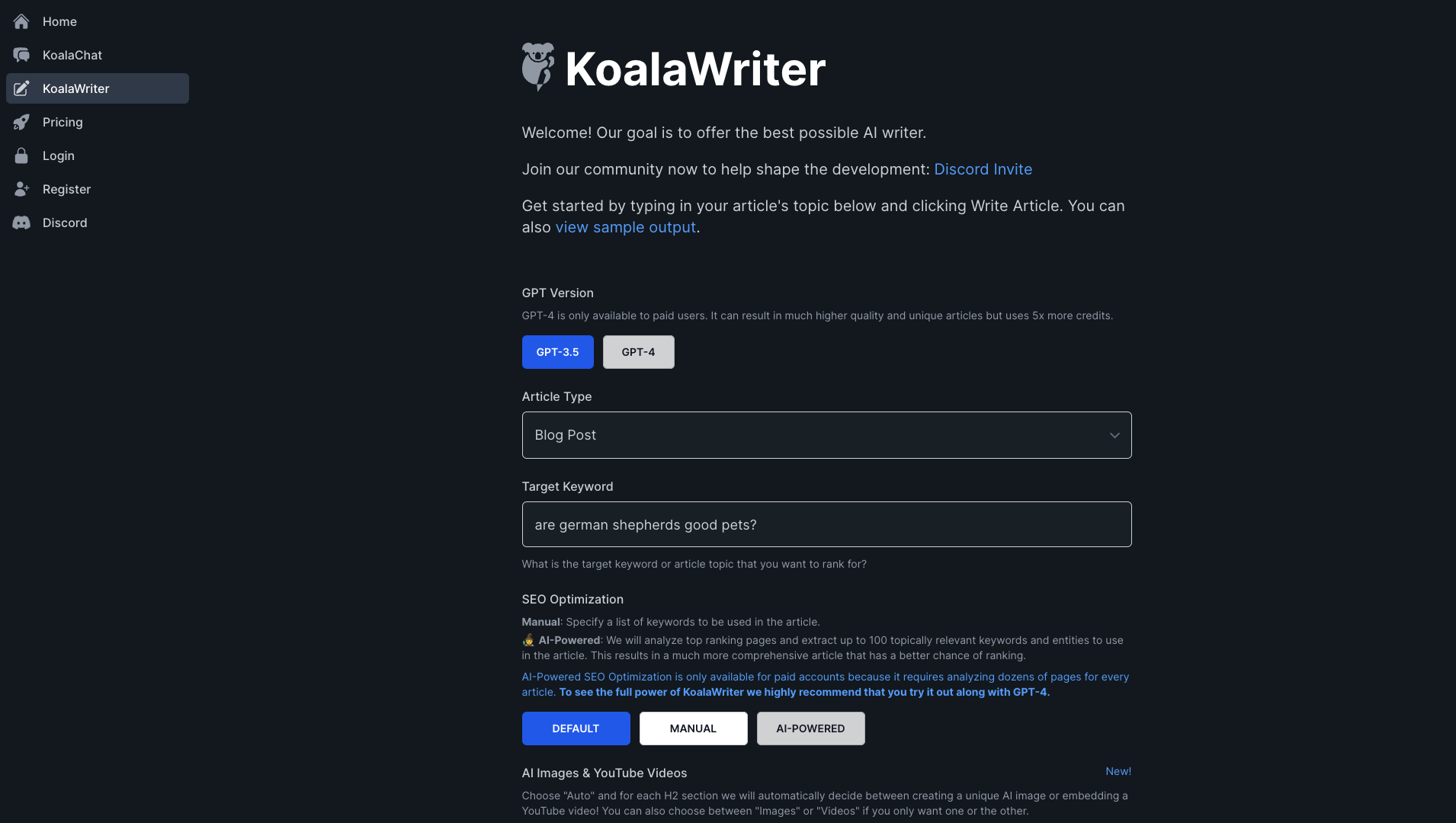 Screenshot of KoalaWriter Homepage