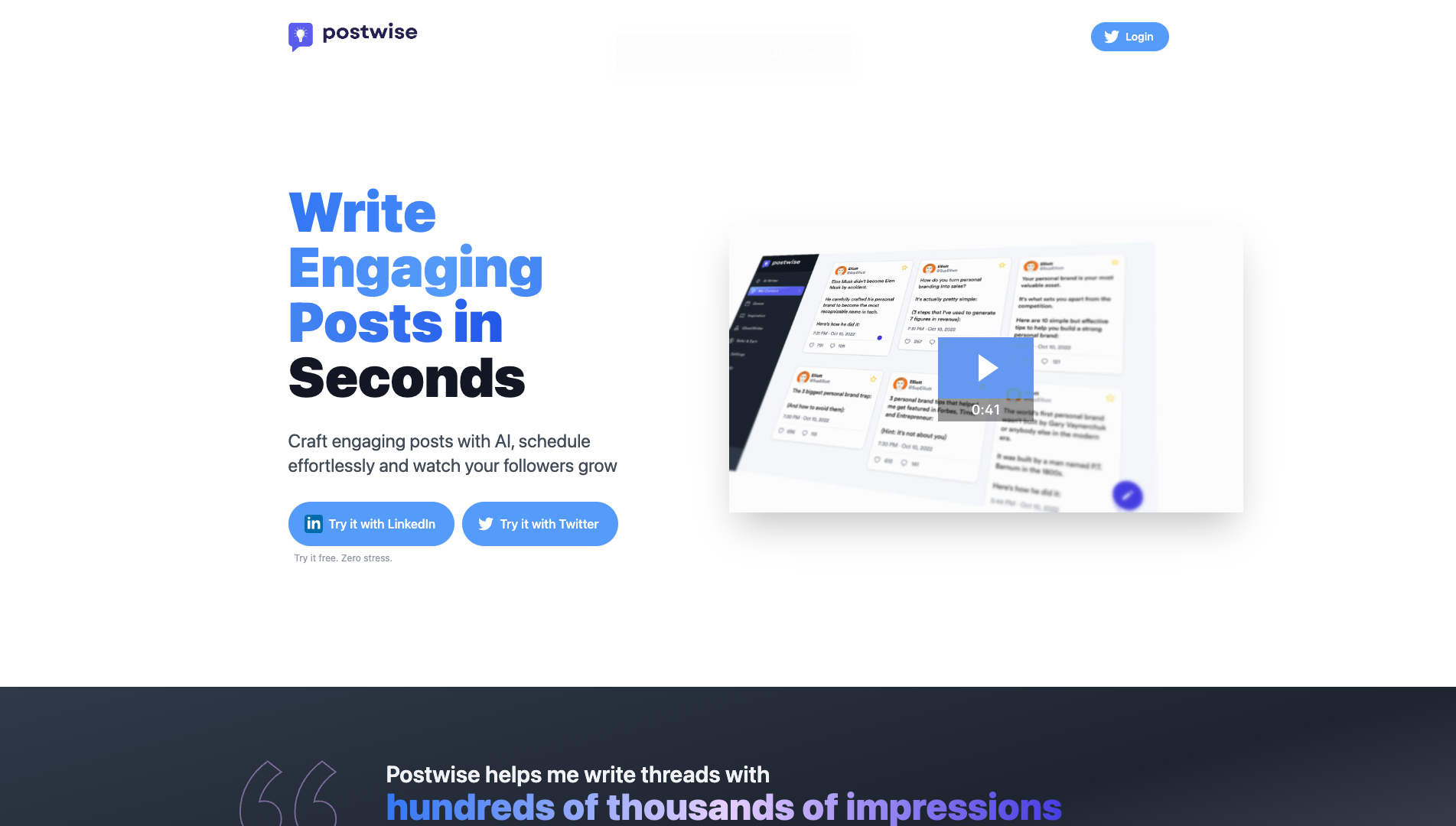 Screenshot of the Postwise website
