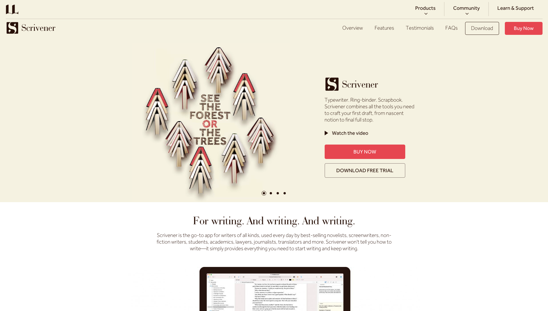 Screenshot of the Scrivener website