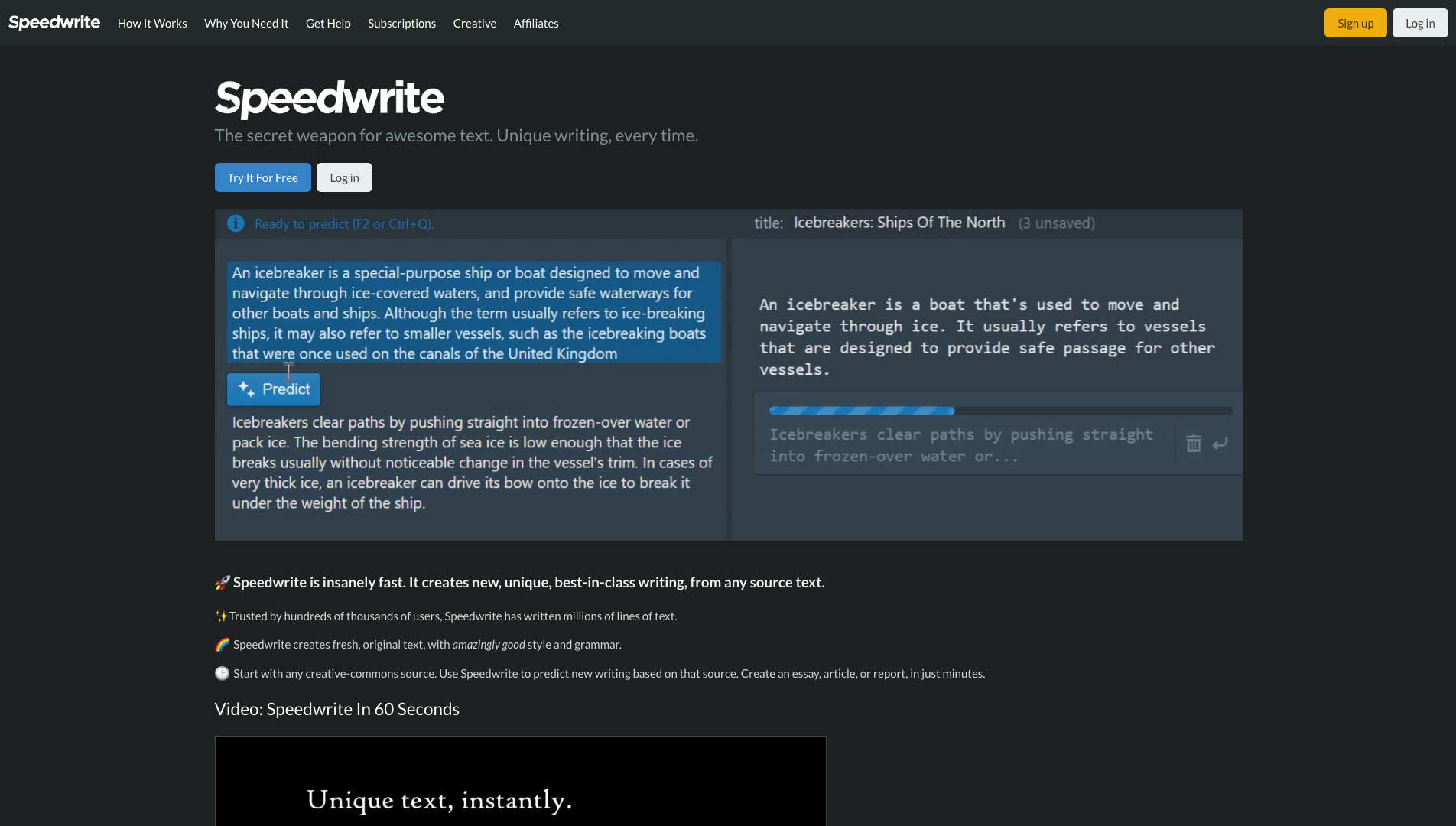 Screenshot of the Speedwrite website