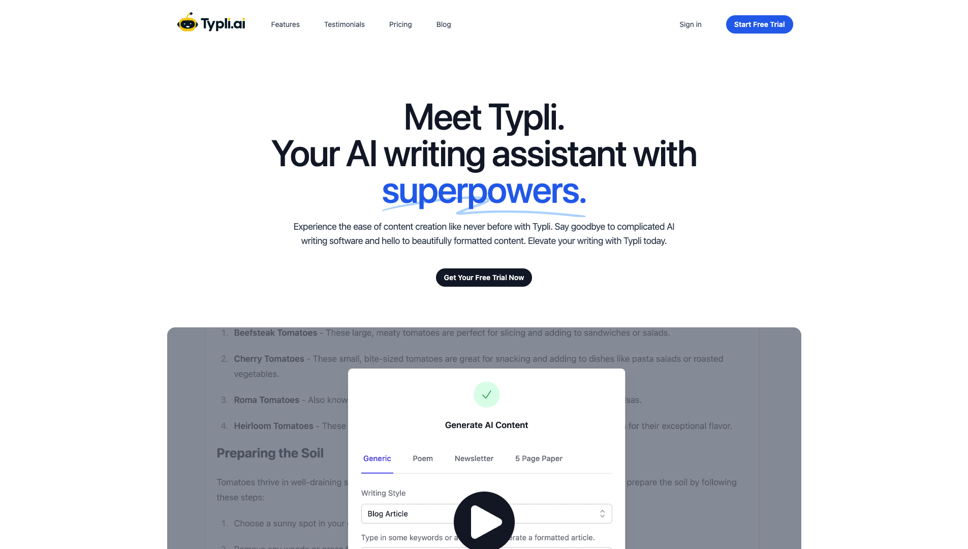 Screenshot of the Typli.ai website