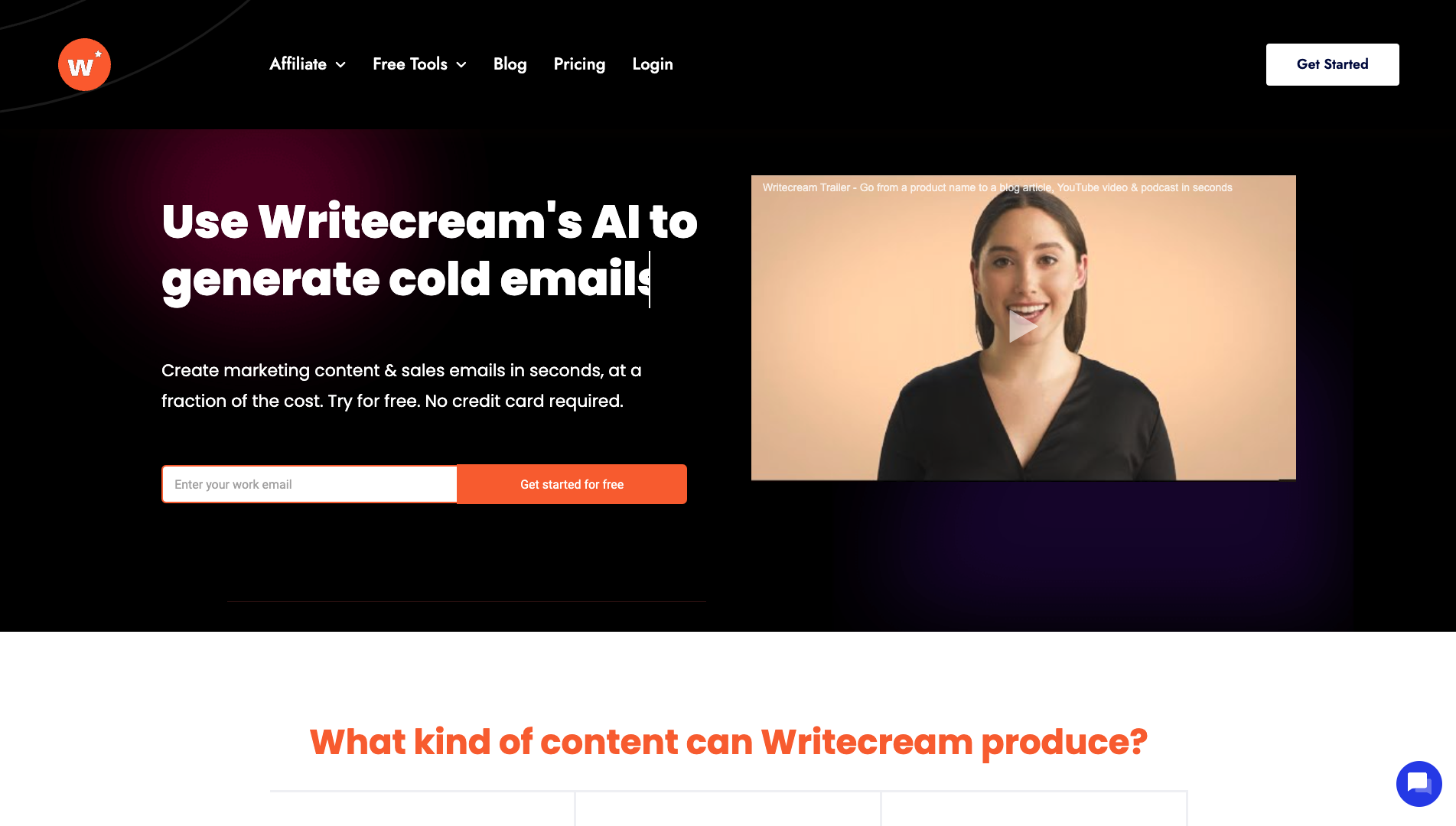 Screenshot of the Writecream website